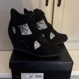 ASH BOWIE Blk/ Midnight Suede Glitter Wedge High Top Sneakers Sz 40 NEW